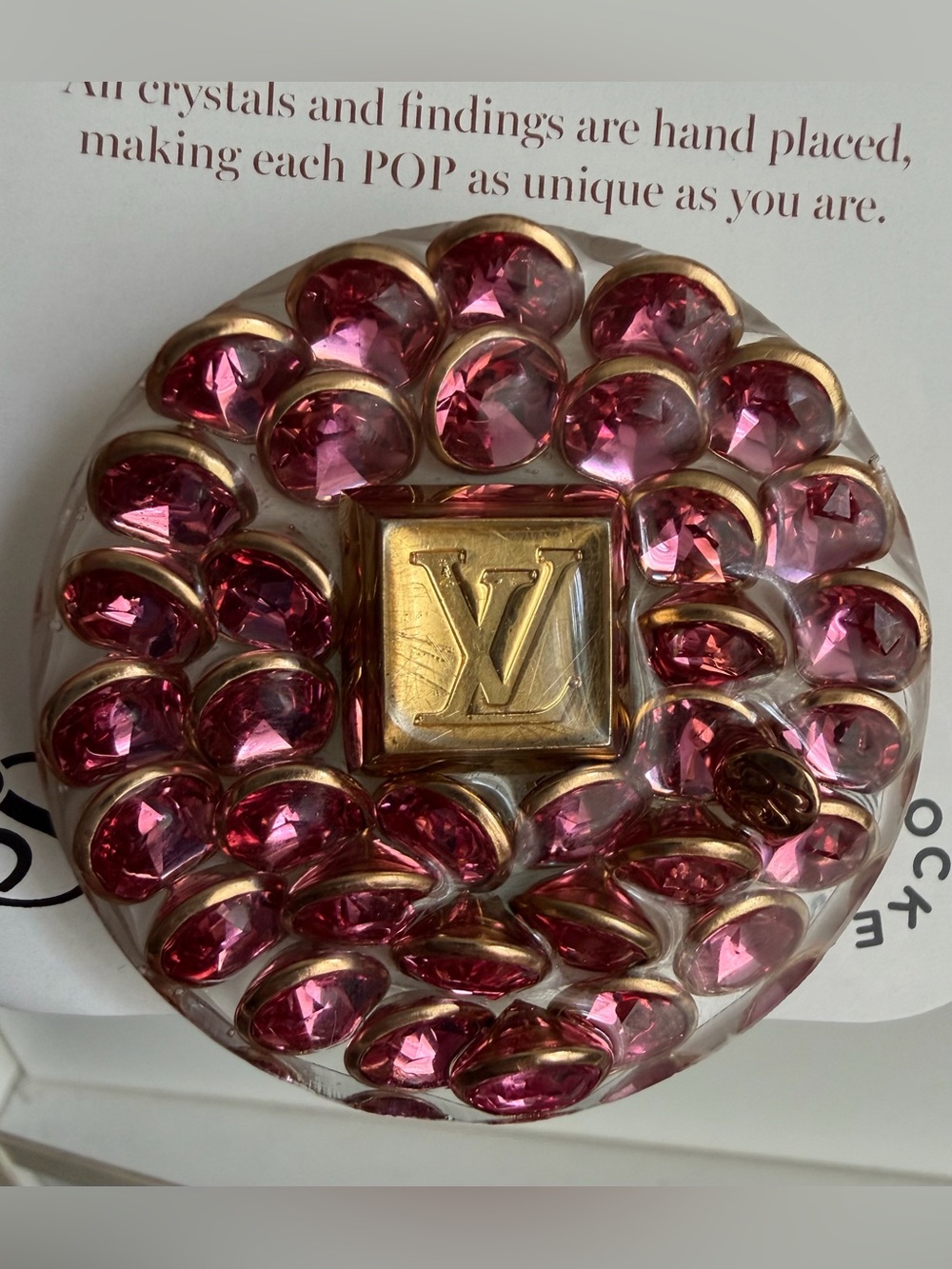 Upcycled Swarovski Crystal PopSocket with LV button - Designer Phone Accessory